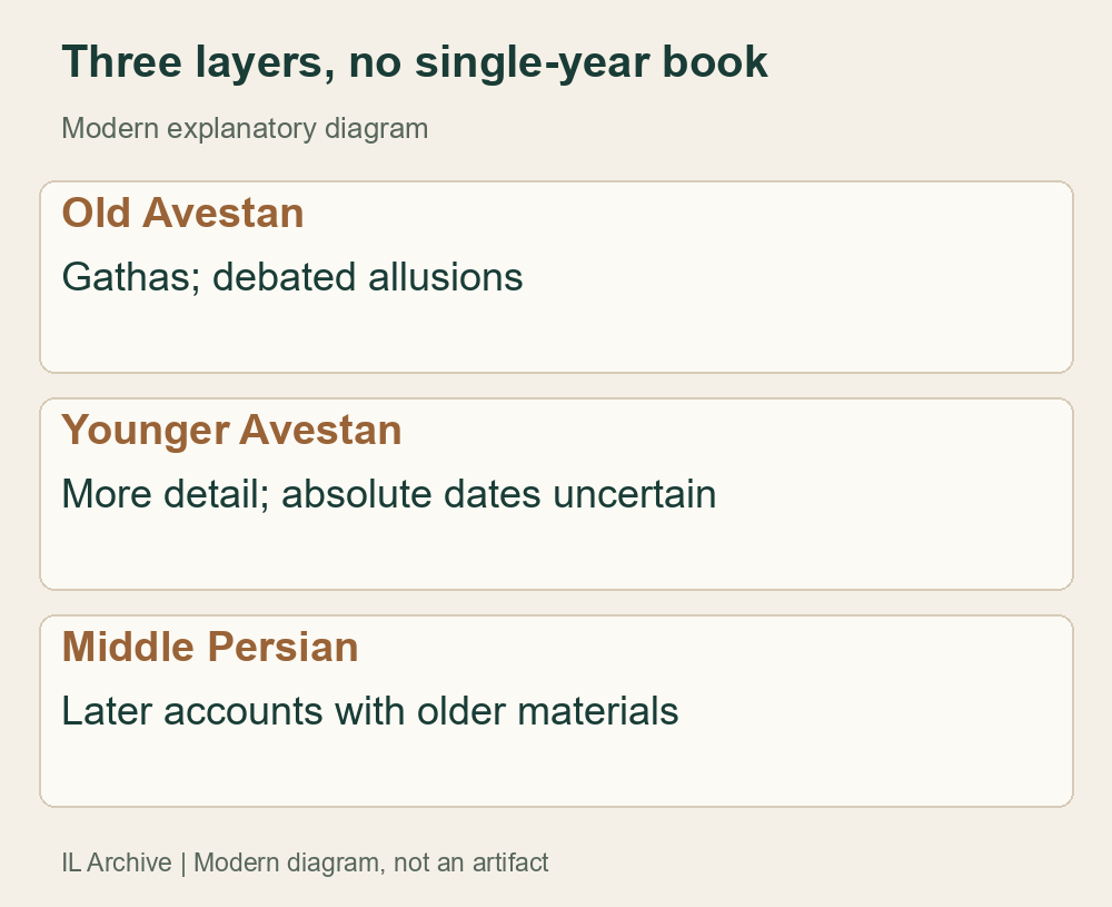 Modern diagram of textual layers, not a Zoroaster portrait or Avesta manuscript. No single composition year for each layer; surviving-copy age is not an idea’s age