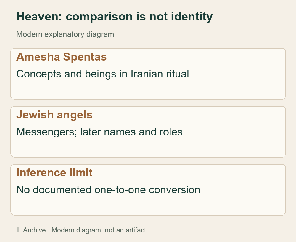 Original comparative diagram, not ancient artwork or portraits. Heavenly organization does not establish Michael and Gabriel as renamed Iranian beings