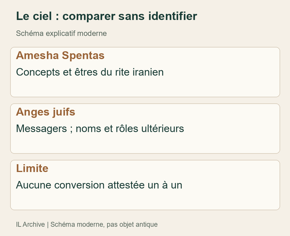 Schéma comparatif original, pas œuvre antique ni portraits. L’organisation céleste ne prouve pas que Michel et Gabriel soient des êtres iraniens renommés