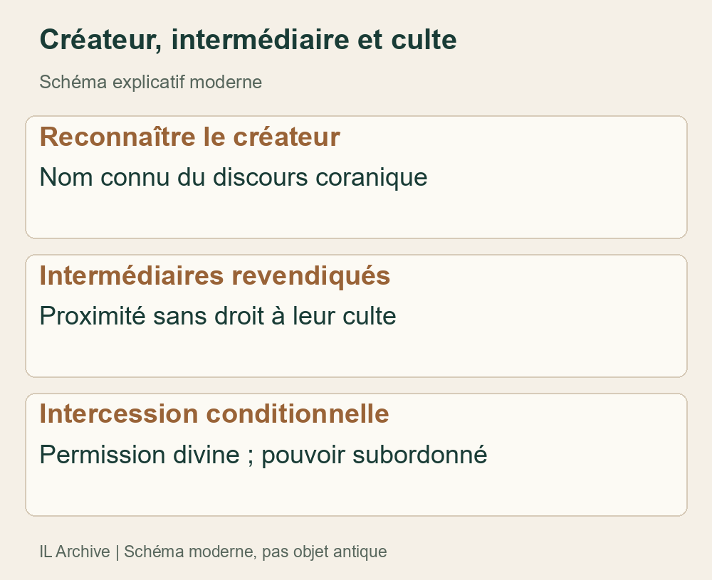 Schéma moderne distinguant reconnaissance du créateur et culte exclusif. Le Coran critique le culte des intermédiaires et soumet l’intercession angélique à permission, sans abolir toute intercession