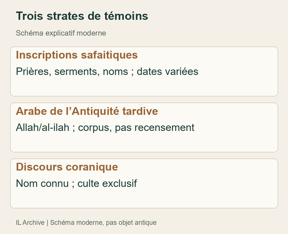 Schéma moderne, ni étapes obligatoires ni dates de chaque objet. Environ deux mille ans concerne MH09 ; plus de quarante textes concerne le rapport de 2026, sans décrire tous les Arabes