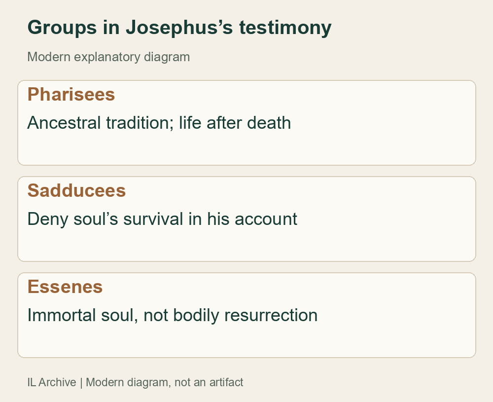 Modern comparison of an ancient outside author’s account. Josephus uses Greek philosophical language; this is neither the groups’ own manifesto nor an account of all Jews