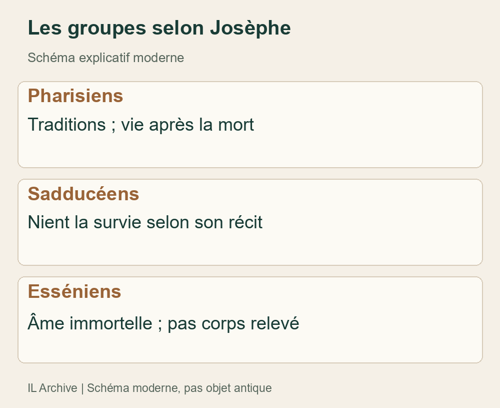 Comparaison moderne du récit d’un auteur extérieur. Josèphe emploie un langage philosophique grec ; ni manifeste des groupes ni description de tous les Juifs