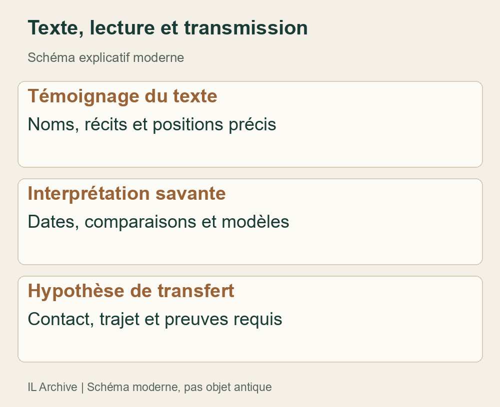 Outil moderne. La ressemblance ne prouve pas un emprunt iranien : dates, contact, motif distinctif, mécanisme, alternatives et direction doivent être testés