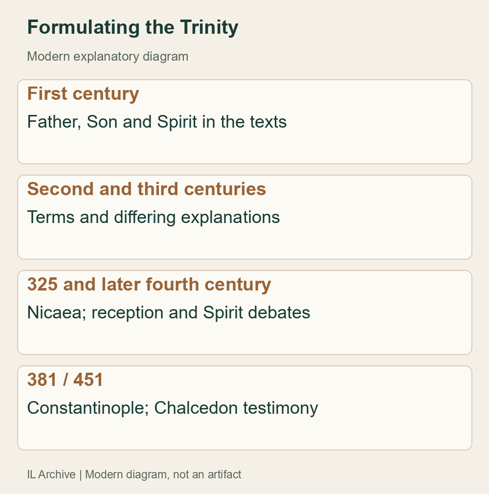 Modern timeline of witnesses and formulations, not one birth date for belief or immediate consensus. It distinguishes 381 from the expanded creed’s attestation in 451