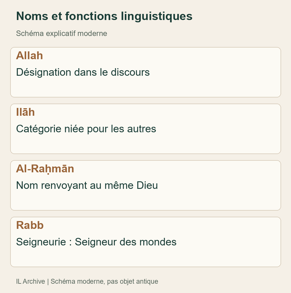 Fonctions dans les témoins coraniques, pas arbre étymologique ni quatre dieux. Schéma moderne ; dérivation possible d’Allah, question distincte. [15][16][17][25]
