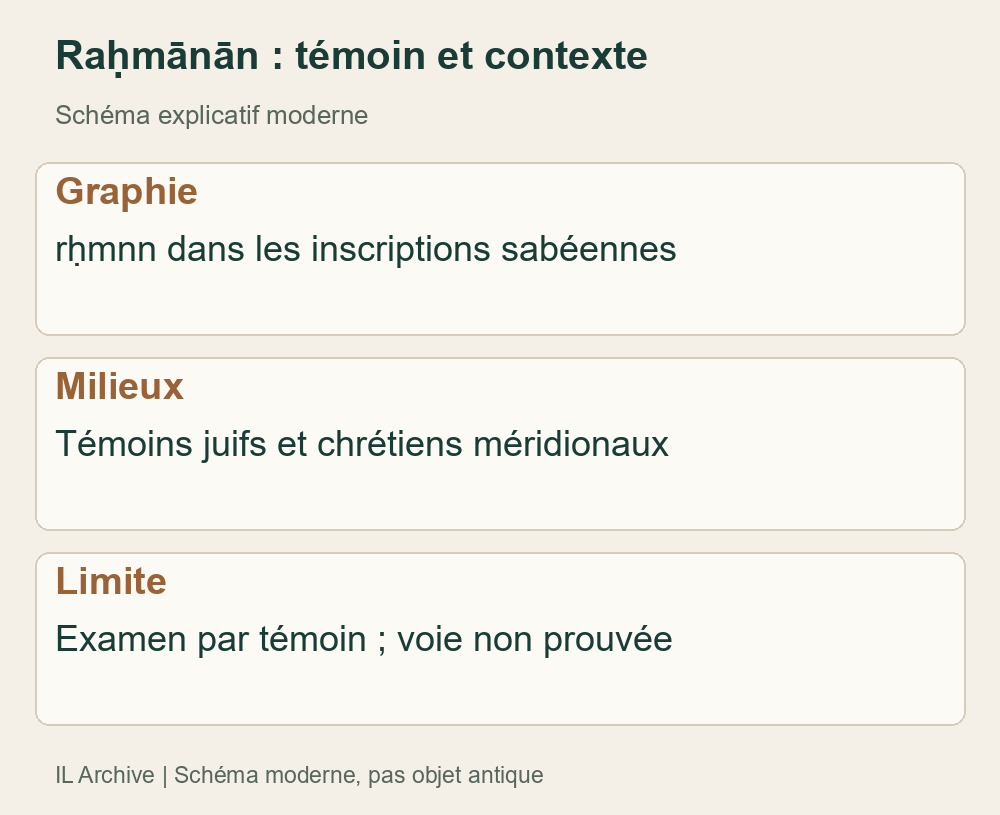 Schéma moderne de la désignation Raḥmānān et de ses milieux, selon les passages lus chez Kjær. Ni image d’inscription ni croyance uniforme affirmée