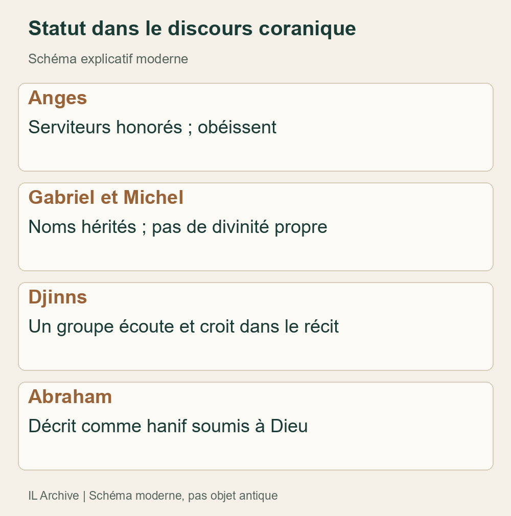 Résumé moderne des passages sur les êtres célestes et Abraham, sans représentation ni biographie indépendante. Rôles et noms conservés ne prouvent pas la conversion d’un dieu ancien précis en ange. [9][10][11][27][23]