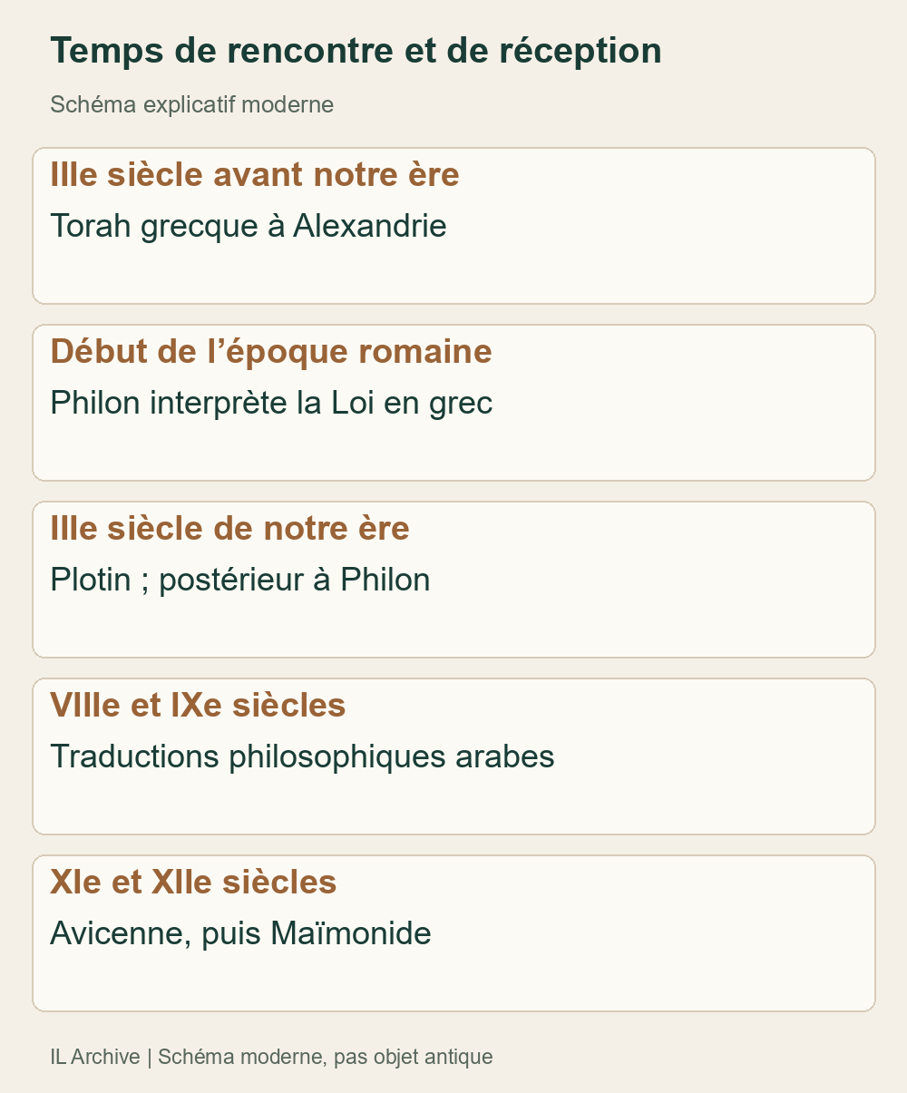 Chronologie explicative moderne ; succession ne prouve pas emprunt direct entre auteurs. Philon précède le néoplatonisme plotinien. [10][20][21][22][19]