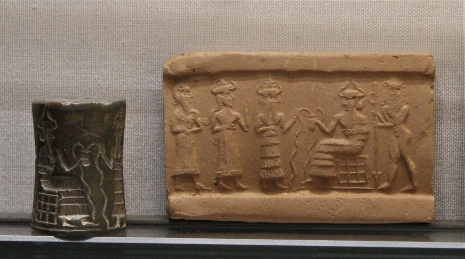 Cylinder seal and modern impression showing Enki/Ea; Louvre MNB 1905, Akkadian period, 2340–2200 BCE. Later than the Ubaid, not an image identifying early Eridu’s deity