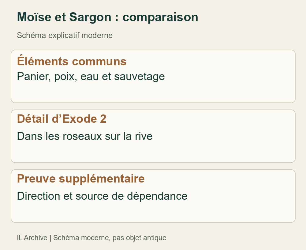Placement sur la rive et abandon au courant diffèrent ; aucune scène n’est reconstituée