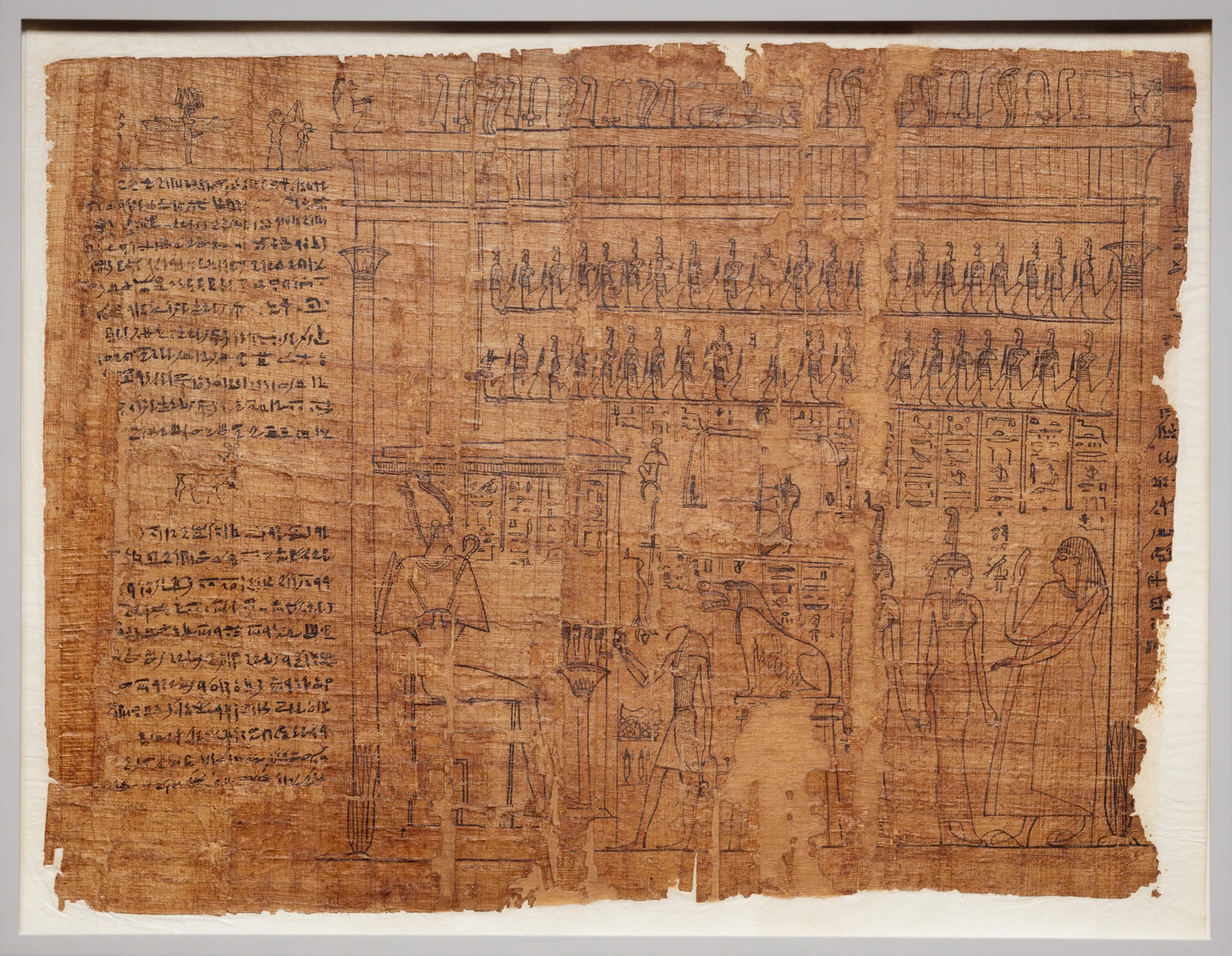 Funerary papyrus fragment depicting judgment before Osiris, Egypt, ca. 230–150 BCE; Metropolitan Museum 66.99.142. The scale contains a small figure of Maat