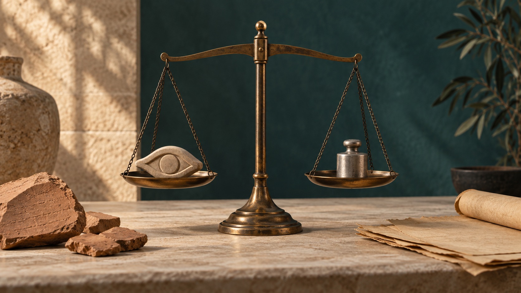 Contemporary IL Archive conceptual illustration: an eye-shaped stone and a silver weight evoke matching penalty and compensation. Generated for this study; not an identified stele, artifact, or reconstruction of a particular historical judgment. IL Archive, CC0
