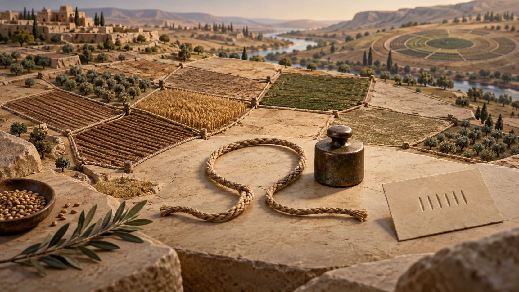 Contemporary conceptual illustration: family fields and an untied cord evoke land return and release in ancient law. Not an identified archaeological site or a documented historical scene; IL Archive, CC0