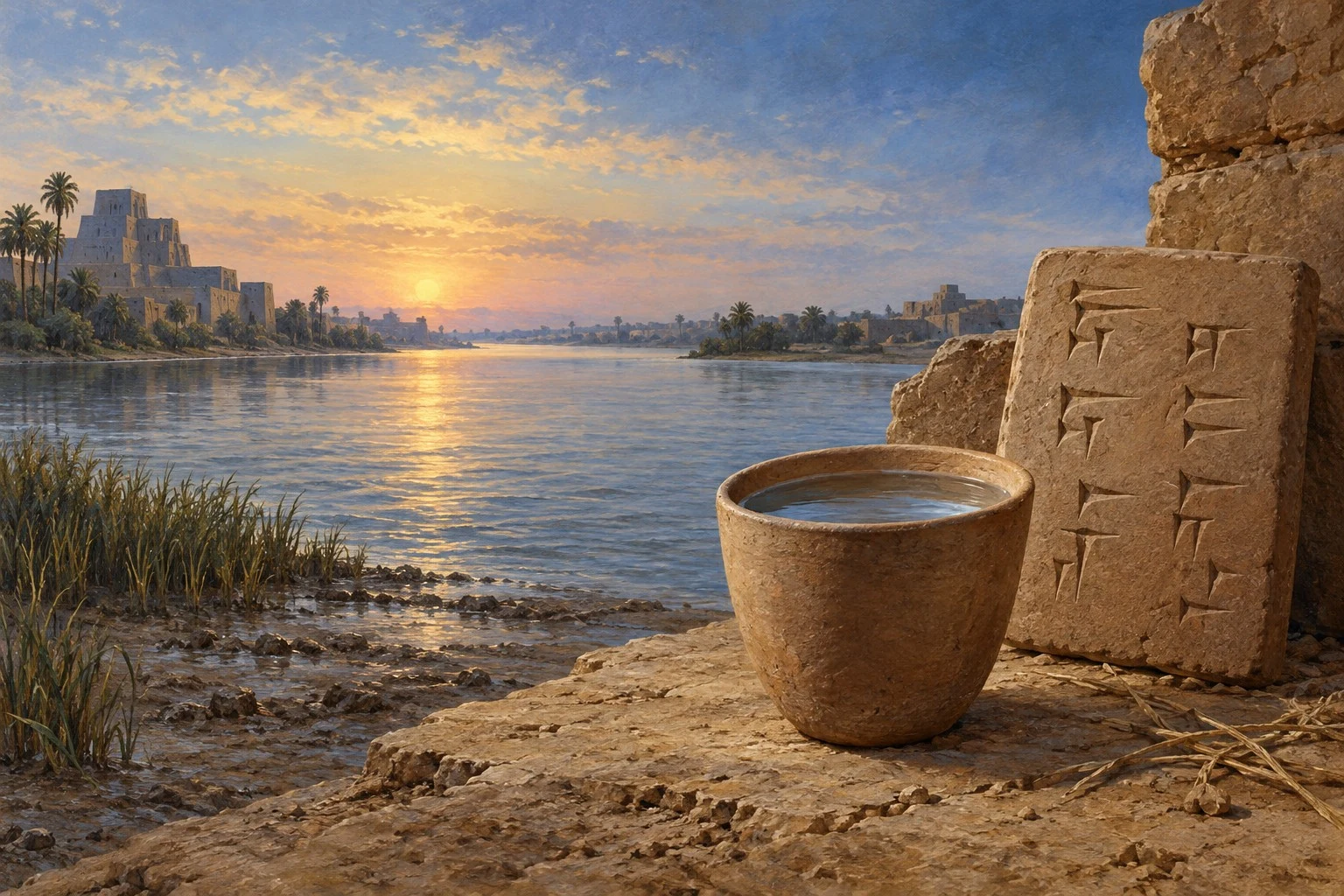 A modern conceptual illustration places river and vessel together to contrast two distinct procedures. It depicts no documented ordeal or specific artifact; the tablet's marks are decorative and not legible text. IL Archive / CC0