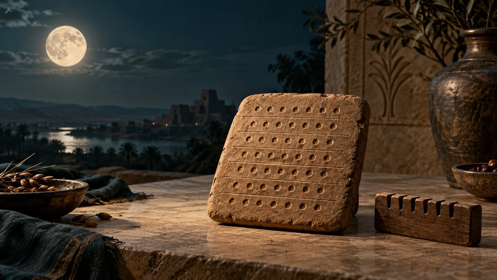 Original conceptual illustration of a mid-cycle moon and tablet calendar; not an artifact photograph or reconstruction of a historical ritual. © IL Archive, CC0