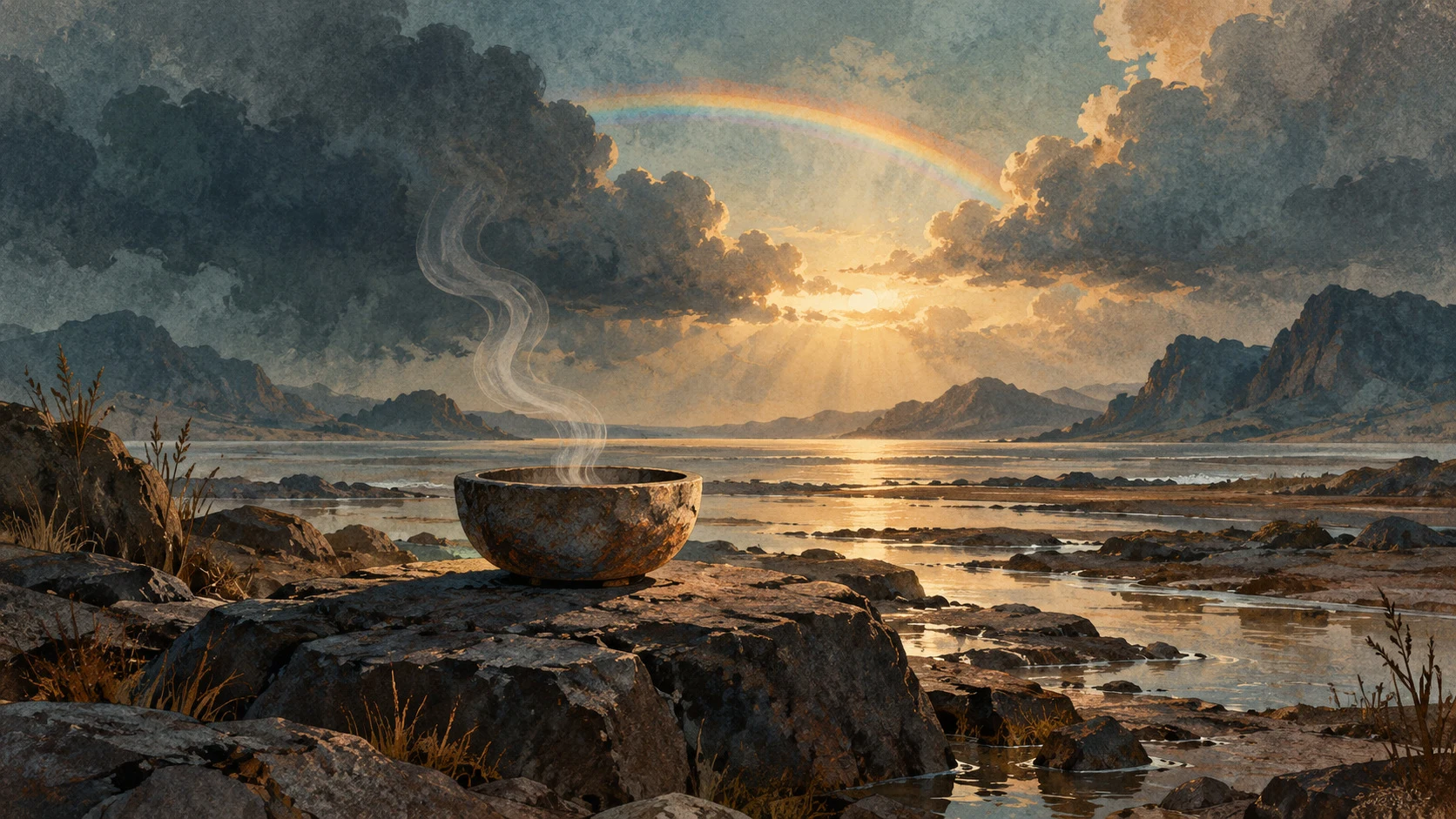 Modern conceptual illustration of an offering on newly dried ground beneath an arc of light; neither an artifact photograph nor a reconstruction of a documented event. © IL Archive, CC0