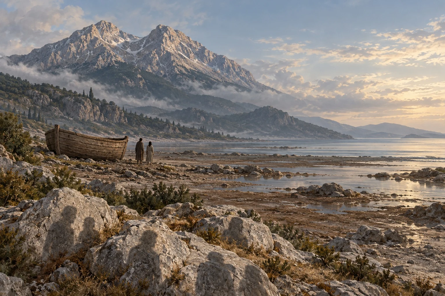 Modern conceptual illustration of receding water, two survivors, a mountain and stones evoking Deucalion; not an archaeological photograph or a documented location. © IL Archive, CC0