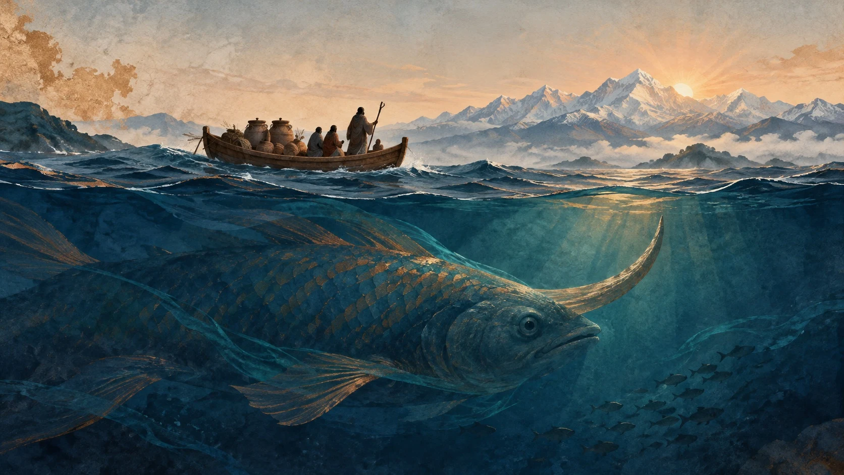 Modern conceptual illustration evoking the boat, horned fish, seeds and mountain in Manu traditions, especially the epic version; not an ancient artifact or documented location. © IL Archive, CC0