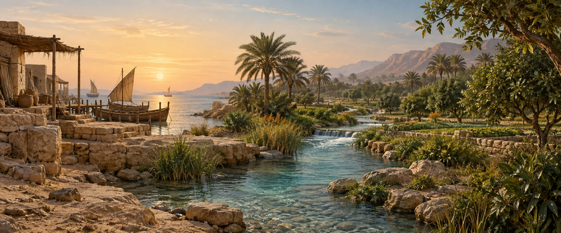 رسم تصوري حديث يجمع بين مرفأ دلمون والماء والبستان لإظهار موضوع المقارنة، ولا يعيد بناء موقع أثري أو يحدد موضع عدن. © أرشيف إيل، CC0