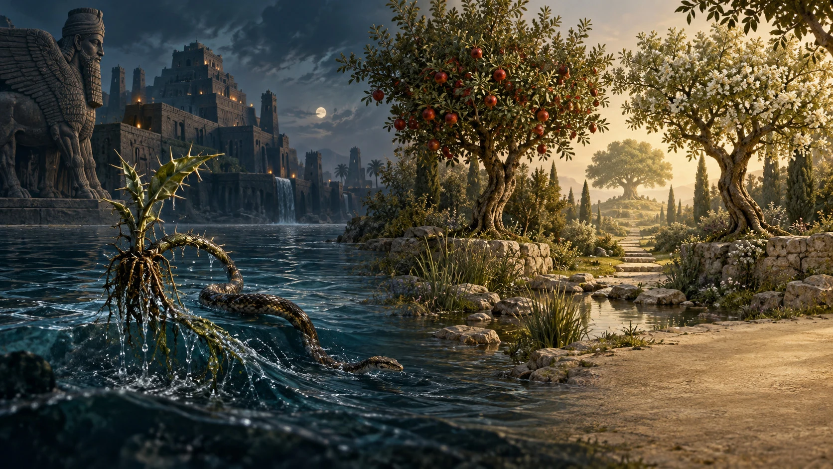 Modern conceptual illustration juxtaposing Gilgamesh’s water-borne plant with two trees in Genesis’s garden. It depicts no excavated artifact and does not establish identical stories. © IL Archive, CC0