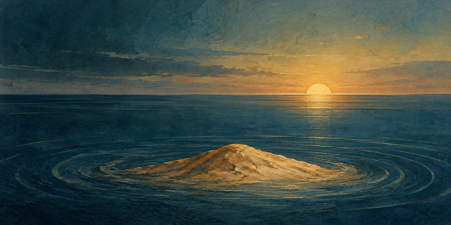 Modern conceptual illustration of primeval water, an emerging mound and sunrise; neither an excavated Egyptian artifact nor a reconstruction of one text. © IL Archive, CC0
