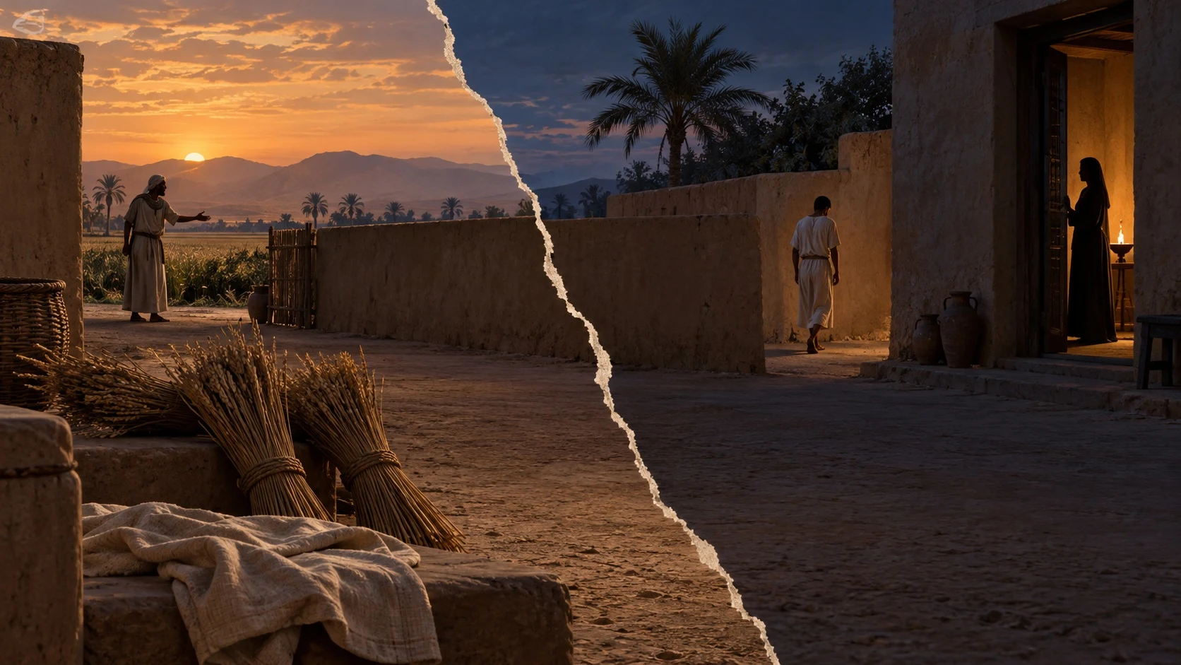 Modern editorial illustration of a household divided by Bata’s accusation; neither an excavated papyrus nor a documented historical reconstruction. © IL Archive, CC0