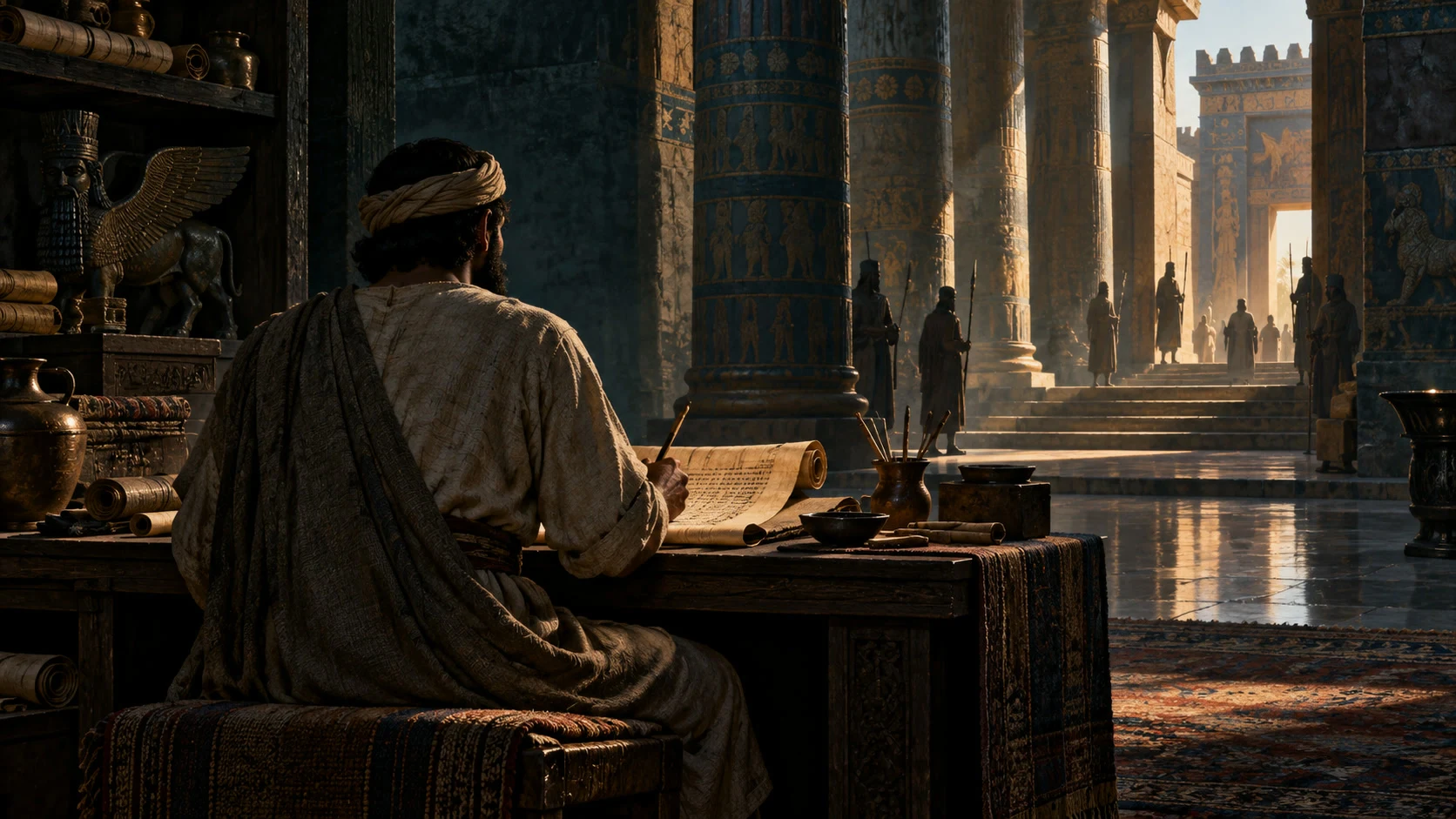 Modern editorial illustration of a sage writing at an ancient court. Generated explanatory image, not a photograph of P.13446 or a documented reconstruction of Daniel or Ahiqar. © IL Archive, CC0.