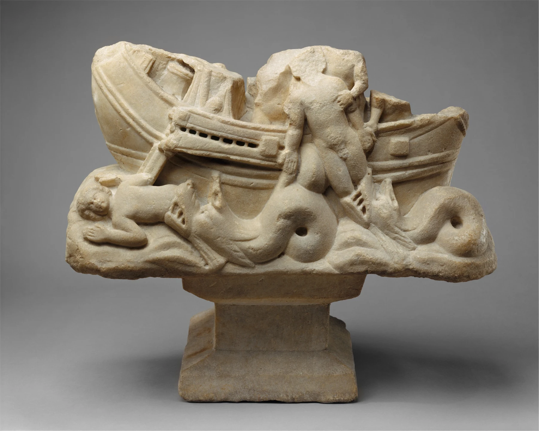 Roman marble table base depicting Jonah swallowed and cast up by a marine creature, early fourth century CE. Metropolitan Museum,77.7, public-domain photograph. Evidence of Christian artistic reception, not an artifact from the prophet’s time or identification of his fish’s species