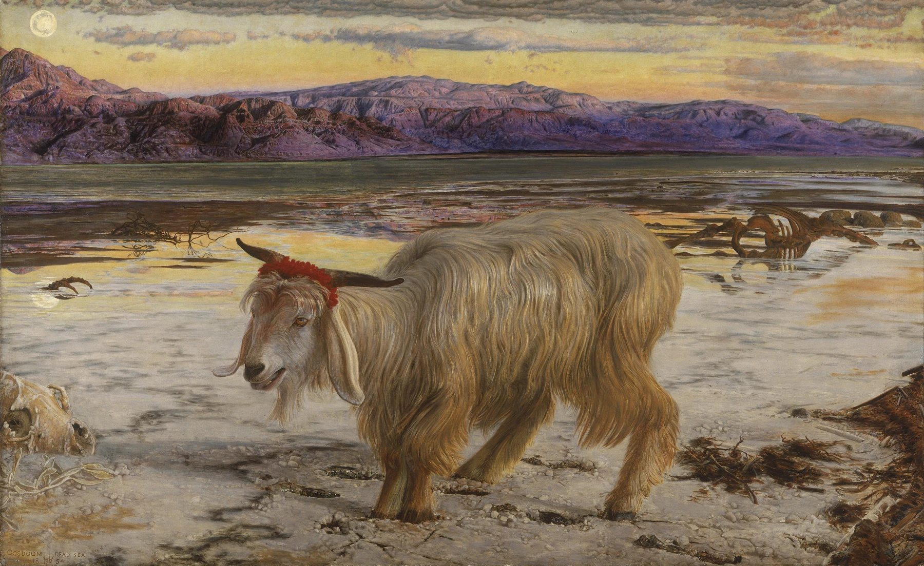 William Holman Hunt, The Scapegoat, mid-1850s; Lady Lever catalogue dates the painting to 1854, LL3623. Public-domain reproduction via Wikimedia Commons. Later religious artistic interpretation, not an archaeological depiction of Leviticus’s rite or a portrayal of Azazel