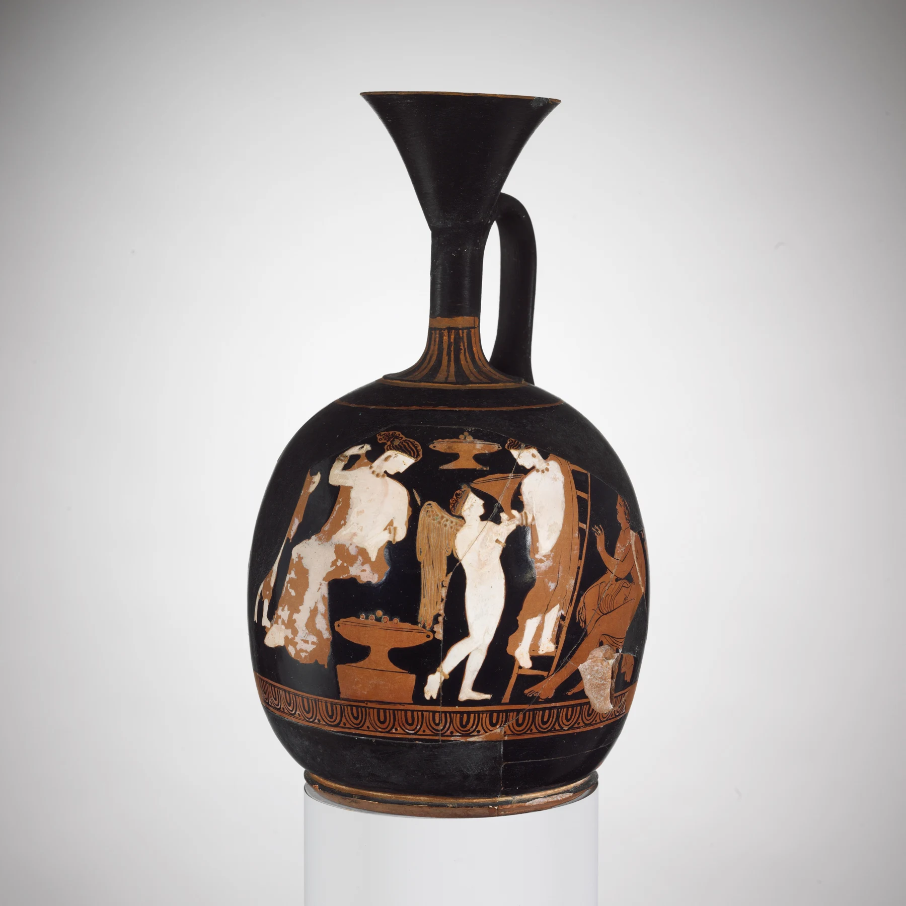Attic red-figure oil jar, mid-4th century BCE; a woman receives a planter from Eros in a scene associated with the Adonia. Metropolitan Museum, 22.139.26; Public Domain