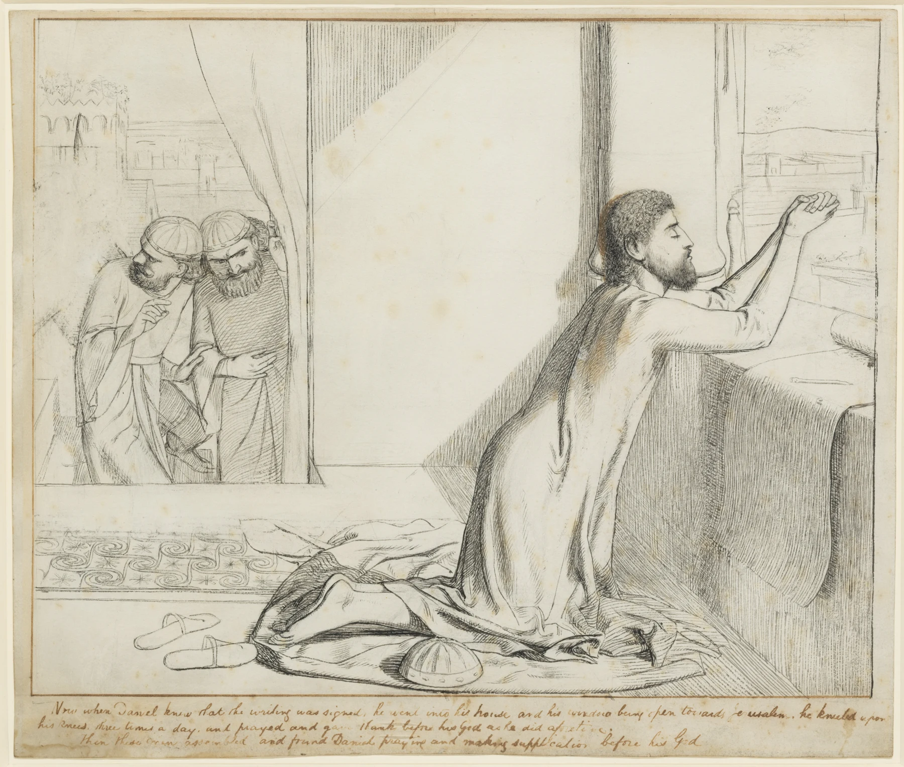 Daniel Praying, William Holman Hunt, 1849; graphite, ink and grey wash. The Metropolitan Museum, 2023.675. Later reception of Daniel 6:10–11, not an ancient image of Daniel or a resurrection scene from chapter 12. Public Domain