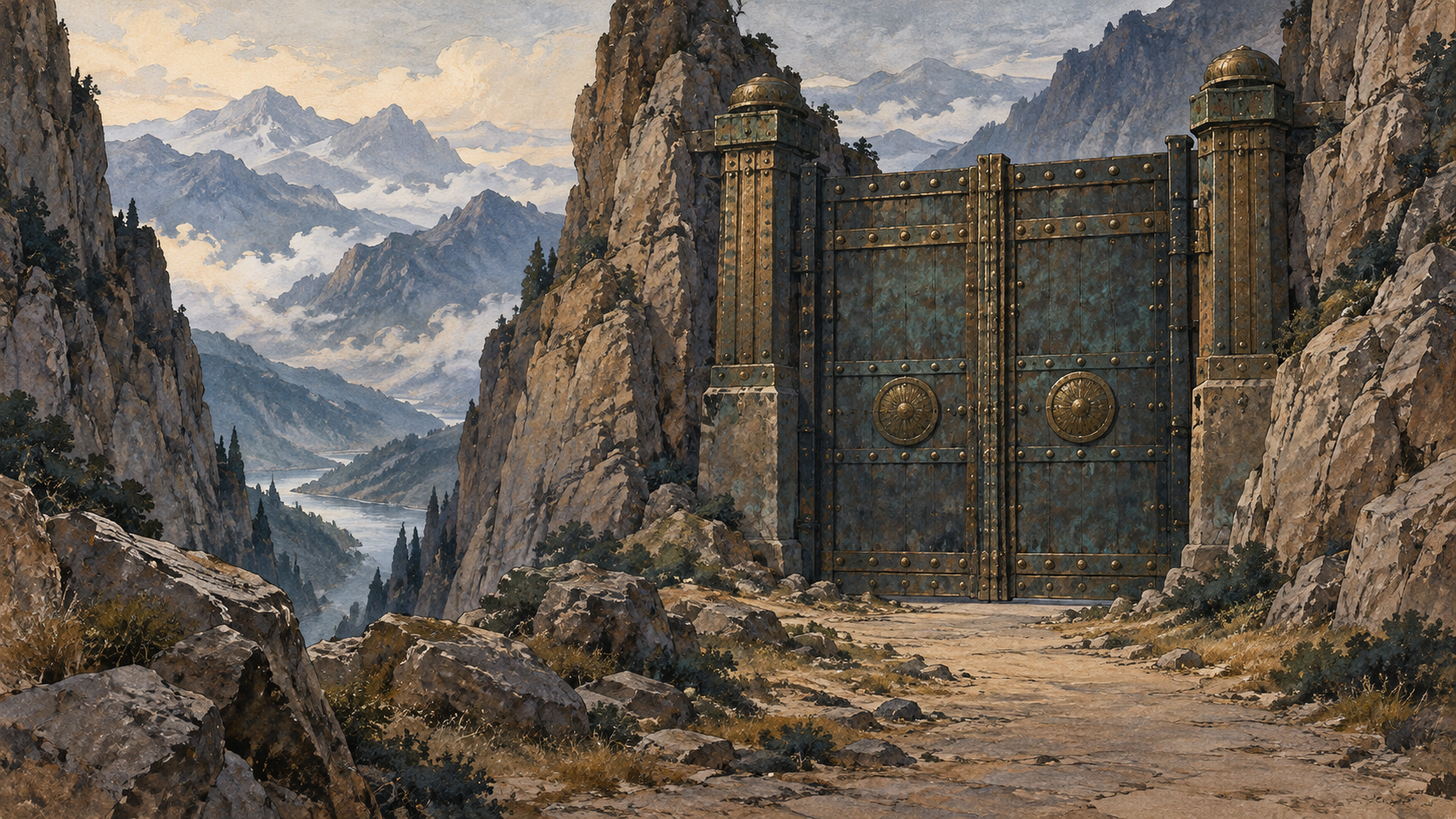 Modern generated illustration of a barrier between mountains; neither a discovered artifact nor an identification of the narratives’ barrier.