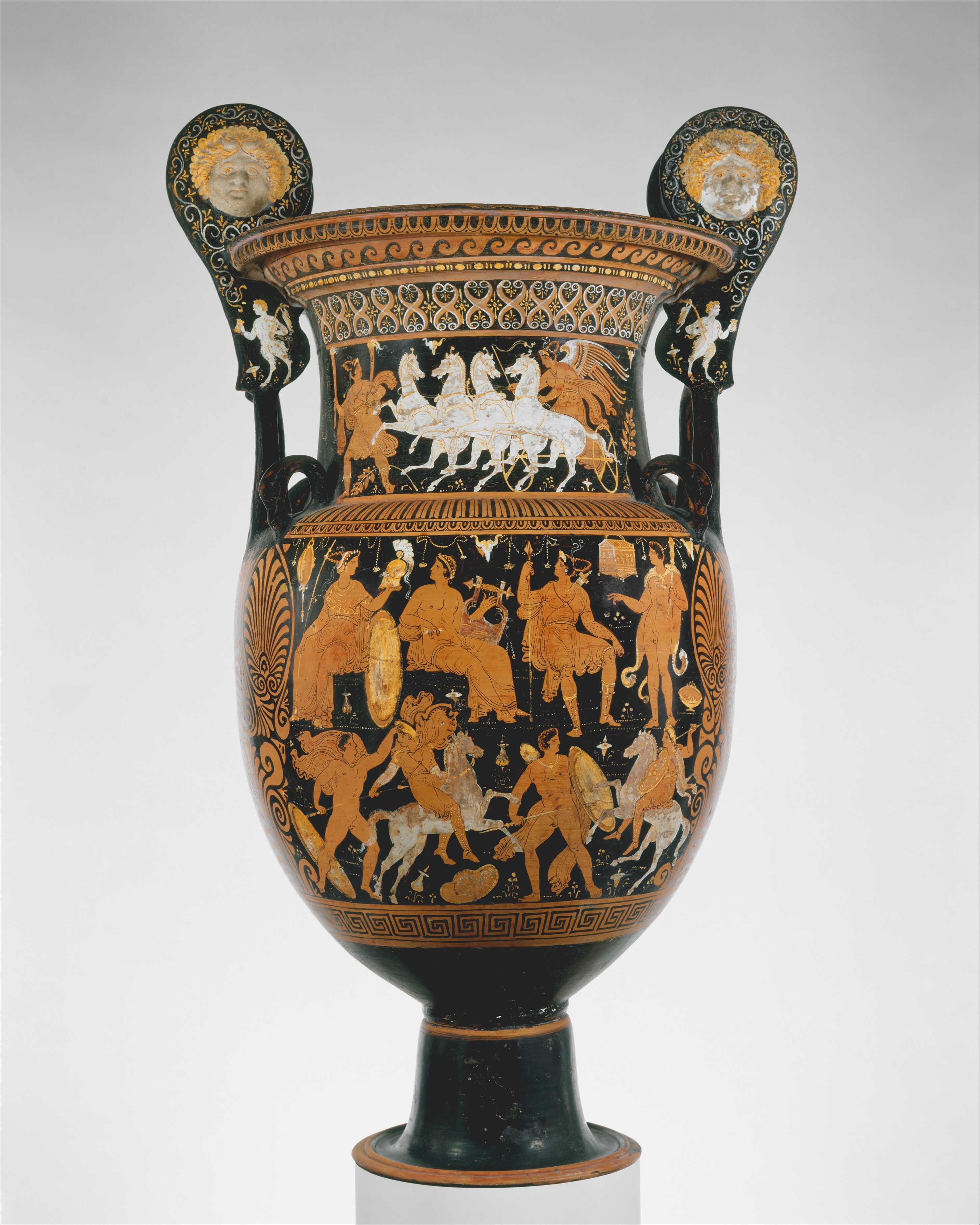 Volute-krater attributed to the Capodimonte Painter; South Italian Apulian, about 320–310 BCE. Front: divine assembly above Amazonomachy. Not Ugarit’s council or a particular Homeric scene.