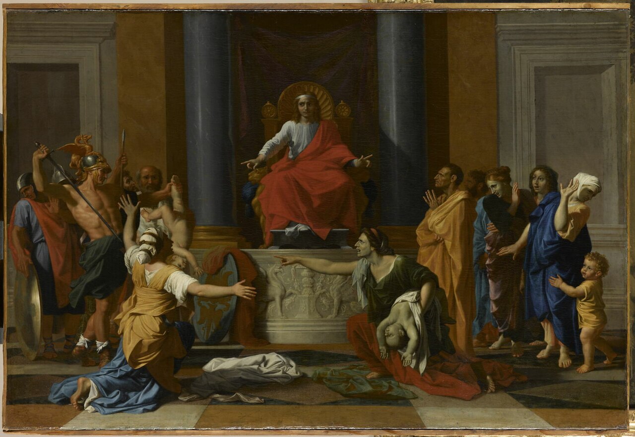 The Judgment of Solomon, an oil painting by Nicolas Poussin from 1649, in the Louvre, INV 7277. It depicts the judgement between two women in 1 Kings 3 and illustrates the story’s reception in seventeenth-century European art