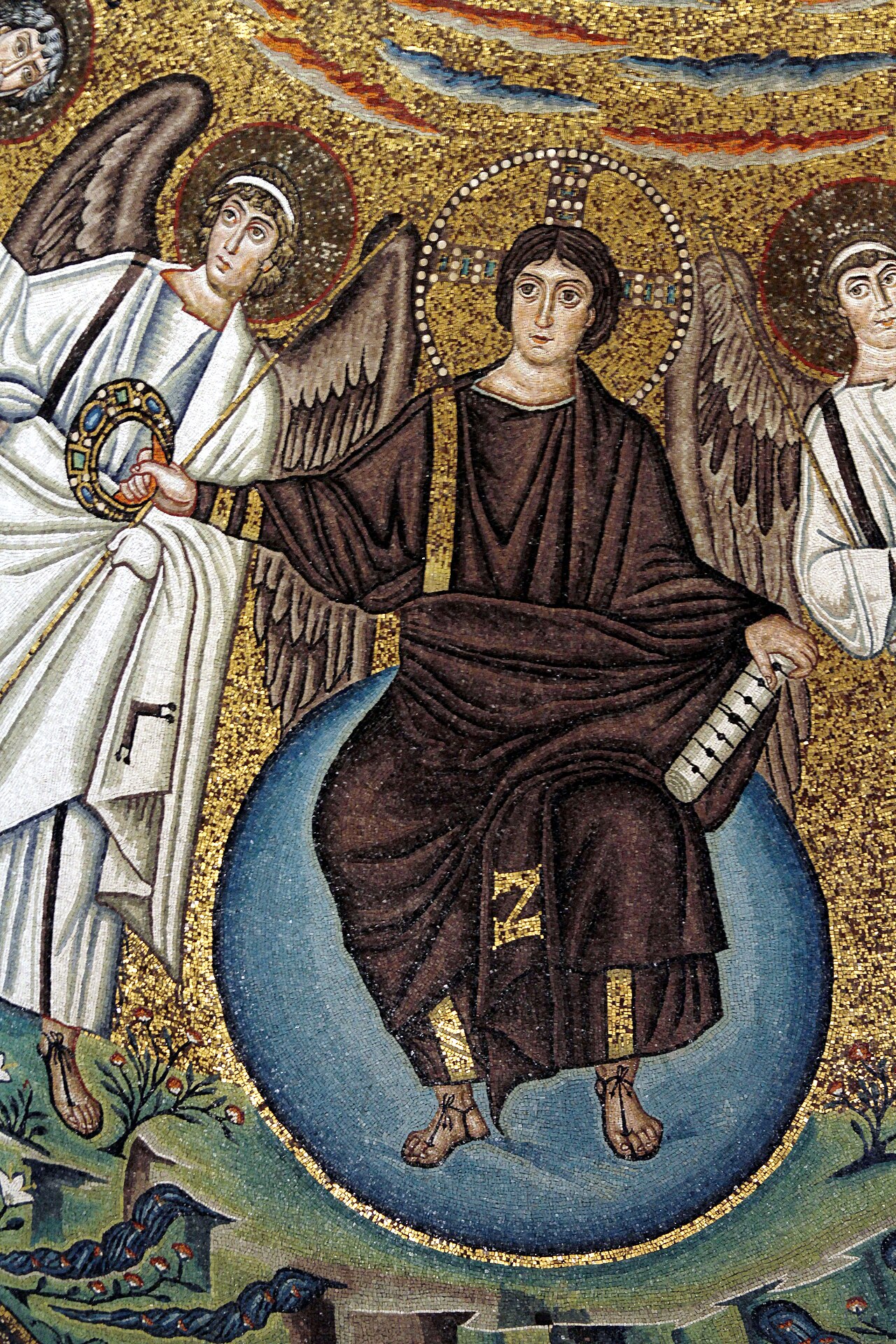 Christ between two angels in a sixth-century mosaic at the Basilica of San Vitale in Ravenna, Italy. He is shown seated above a blue sphere in a cosmic scene. Photograph by José Luiz, 17 September 2016