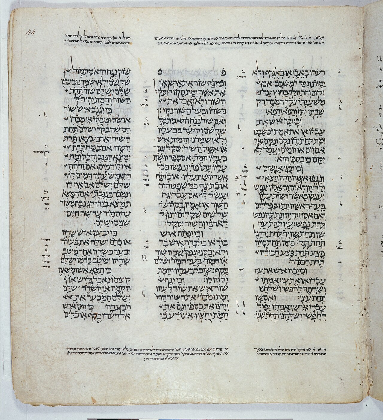 Folio 44r of the Leningrad Codex, from the early eleventh century CE. It contains Exodus 21:18–22:6, within the collection known as the Covenant Code. The date of this manuscript copy differs from the composition date of the laws it preserves