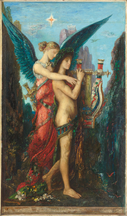 Hésiode et la Muse, huile sur bois de Gustave Moreau, 1891, musée d’Orsay RF 1961 7. Réception artistique moderne du poète antique, non portrait contemporain de sa vie