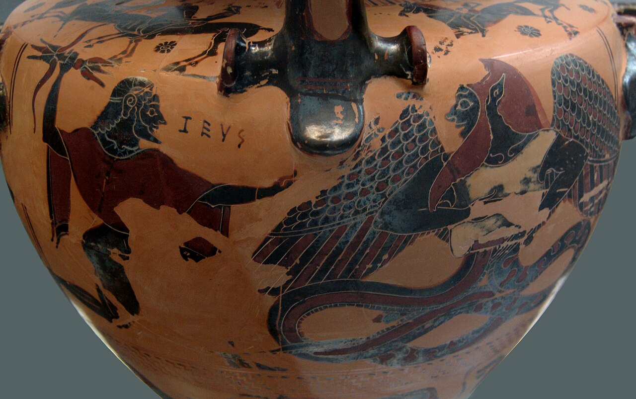 Zeus confronts Typhon on a Greek hydria of the sixth century BCE, Staatliche Antikensammlungen, Munich, 596. Photograph by Bibi Saint-Pol, 9 February 2007; a witness to the story’s artistic representation.
