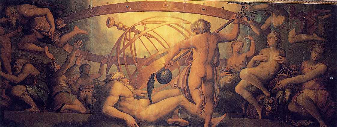 L’agression d’Ouranos dans une œuvre du XVIe siècle de Vasari et Gherardi, Palazzo Vecchio, Florence. Réception artistique postérieure,  non témoin grec antique ni image contemporaine d’Hésiode