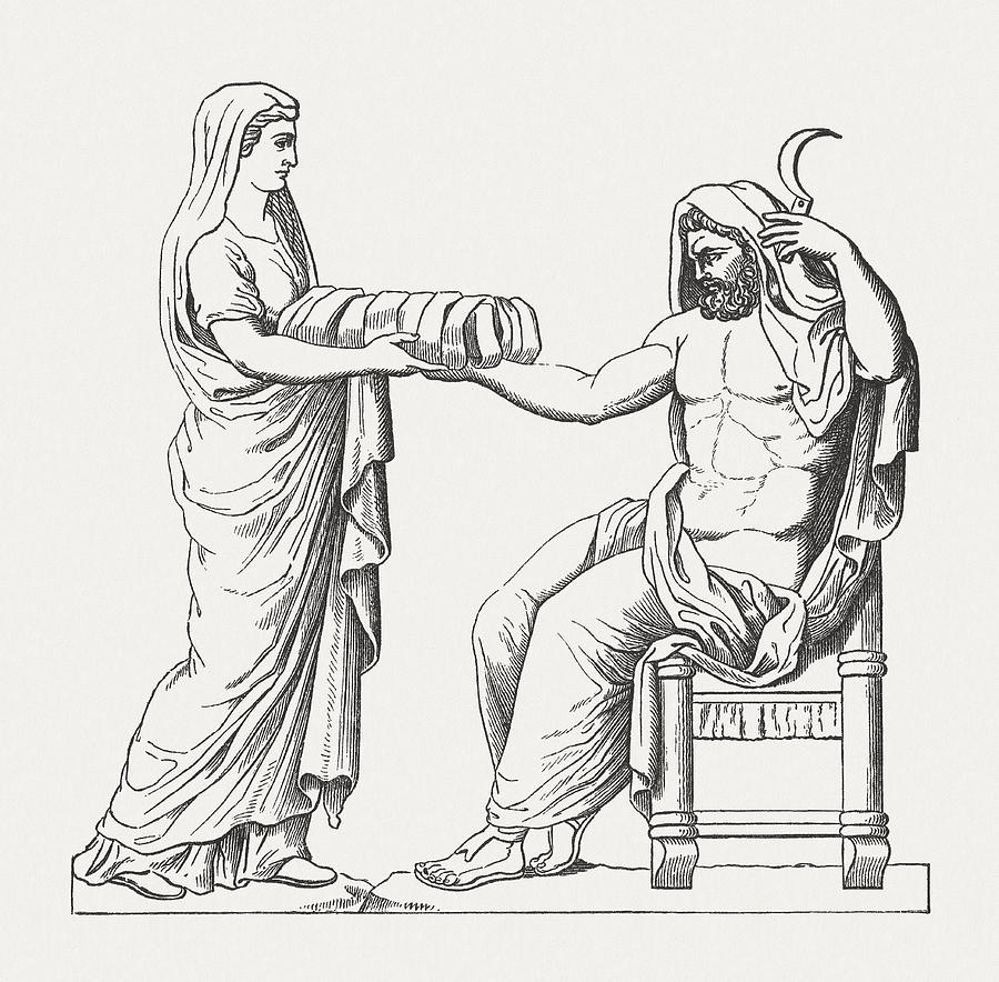 Rhéa présente la pierre à Kronos ; gravure sur bois publiée dans l’édition de Der Olymp, Leipzig, 1878. Réception imprimée postérieure,  non photographie d’un objet antique ni image du temps d’Hésiode