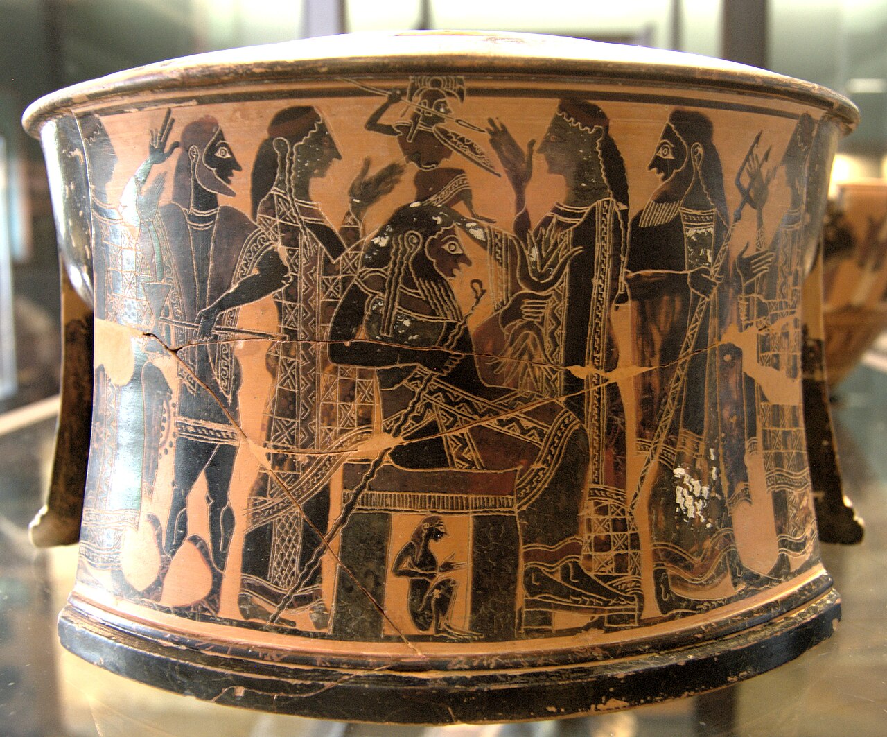 Naissance d’Athéna de la tête de Zeus sur un vase attique, vers 570–560 avant notre ère, Louvre CA 616. Bibi Saint-Pol, 1 juin 2007. Témoin artistique antique ; le musée signale des restaurations