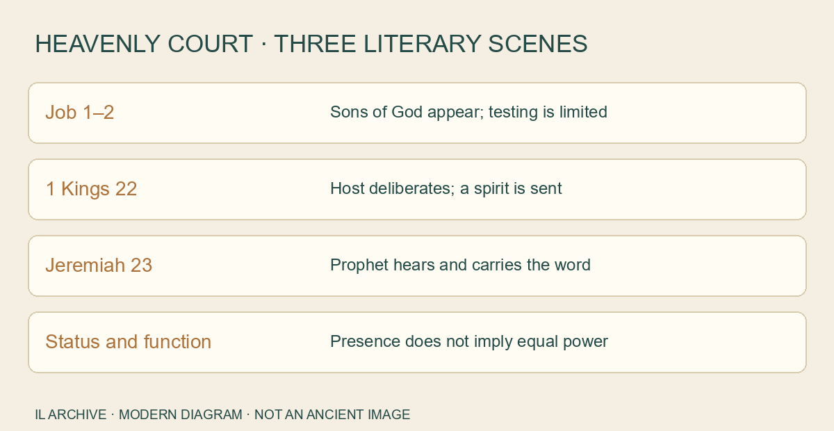 Modern comparison of the sons of God and ha-satan in Job, the host’s deliberations in 1 Kings, and prophetic hearing in Jeremiah. Different literary functions, not a reconstructed historical chamber or an identification of their members