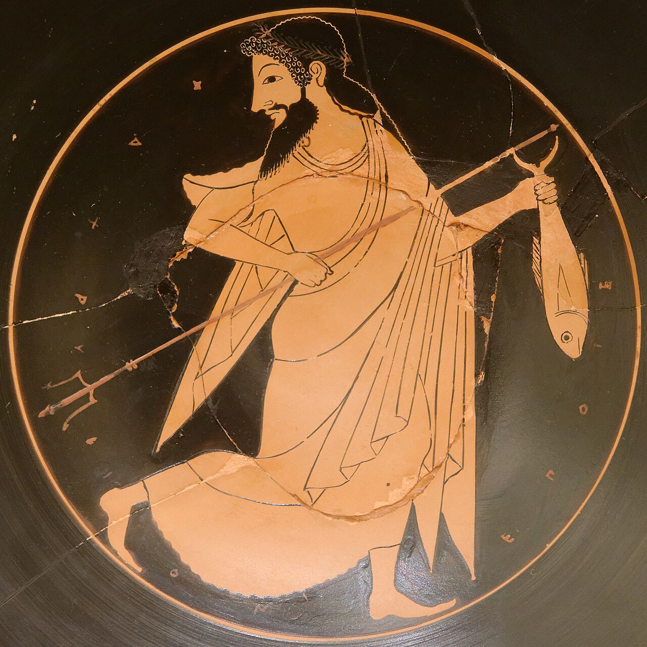 Poseidon with a trident and a fish inside an Attic cup, about 510 BCE; National Museum of Denmark 13407. An ancient representation of the deity