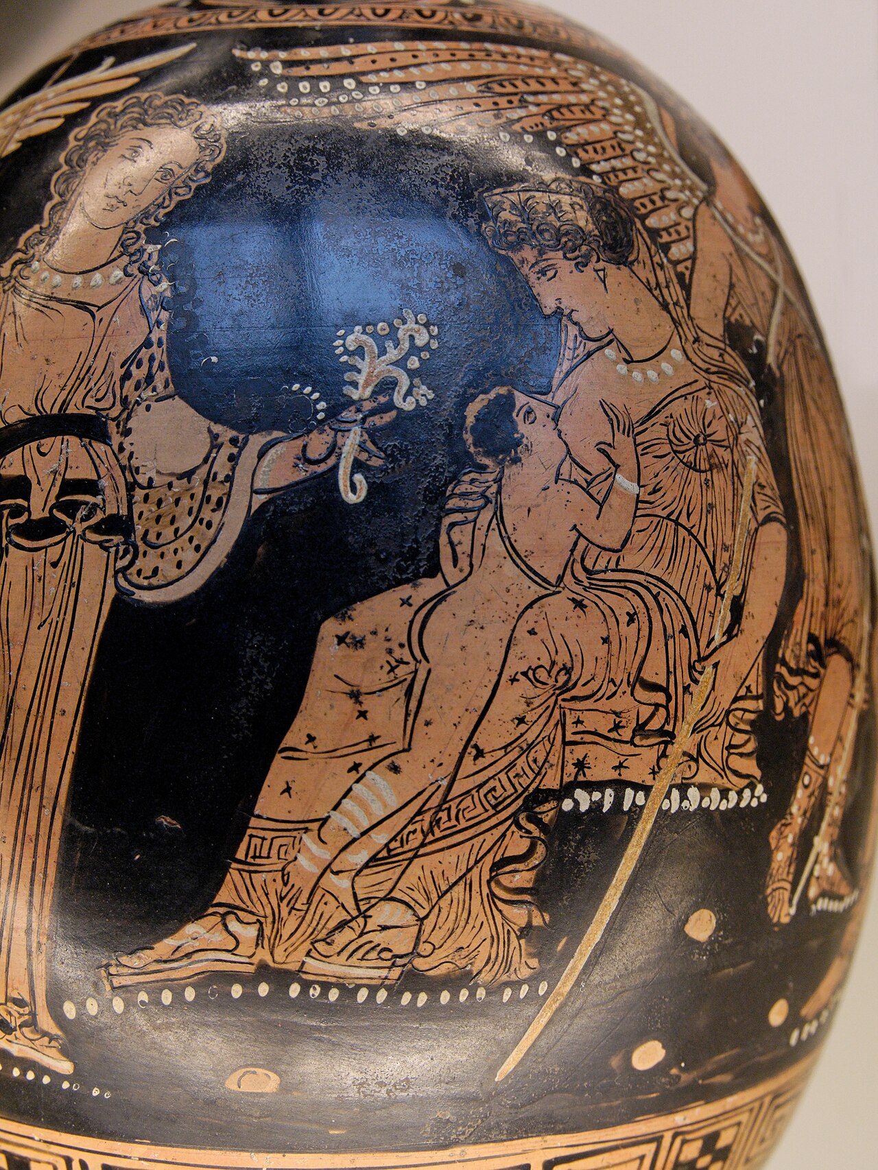 A woman tentatively identified in the museum catalogue as Hera, nursing Heracles; vase of about 365–350 BCE, British Museum 1846,0925.13. The female figure’s identification remains uncertain