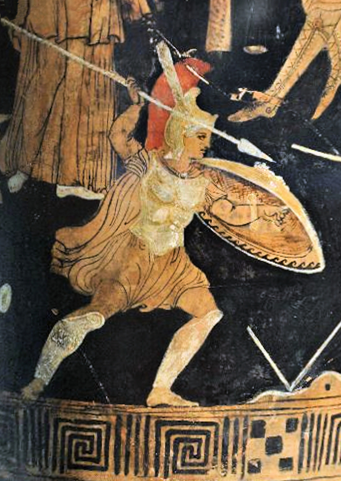 Achilles fighting Memnon on a vase of about 330–320 BCE; National Museum of Antiquities, Leiden, AMM 1. The scene belongs to broader Trojan War traditions, rather than the Iliad itself
