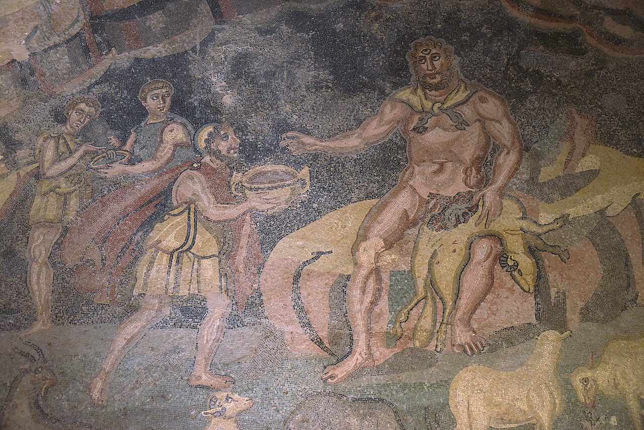 Odysseus offering a drink to Polyphemus in a Roman mosaic at Villa del Casale, Sicily. A later representation of the adventure narrated in Odyssey Book 9