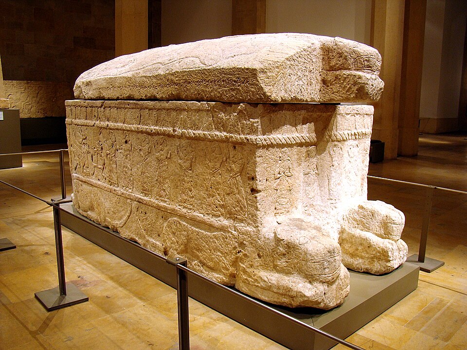 Ahiram’s sarcophagus from Byblos, held by the National Museum of Beirut. Evidence for art and writing on the Levantine coast; the sarcophagus and inscription have debated dates that need not coincide