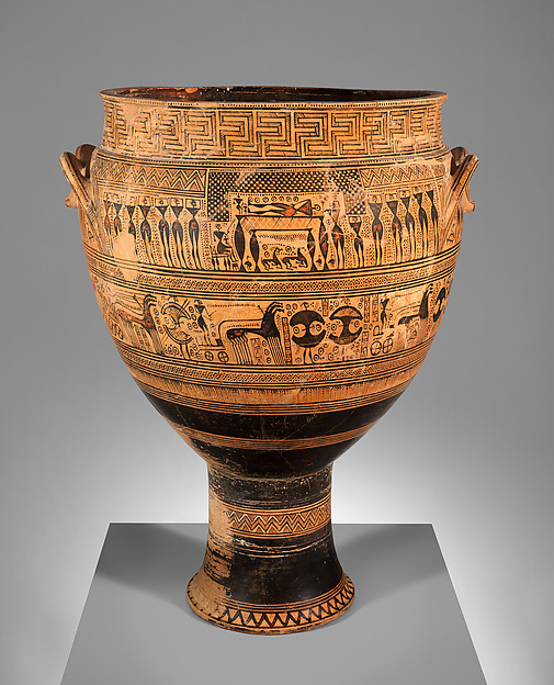 Cratère attique attribué à l’atelier de Hirschfeld, vers 750–735 avant notre ère, avec une scène funéraire. Témoignage de l’art grec ancien, plutôt qu’assemblée divine. The Met, 14.130.14