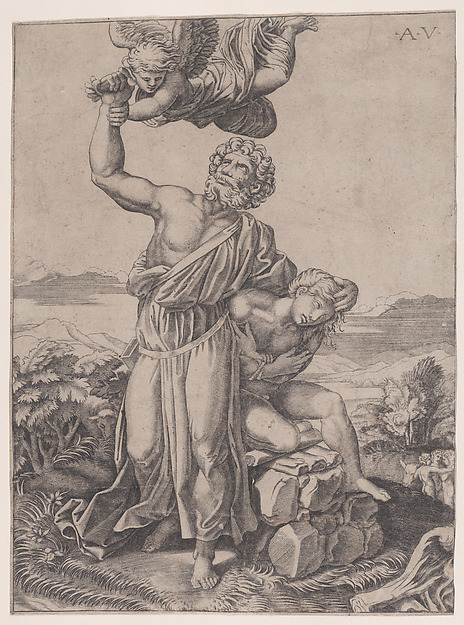 Gravure Le sacrifice d'Abraham d'Agostino Veneziano, 1516–1518, The Met 17.50.16-80. Réception artistique européenne tardive, non portrait historique